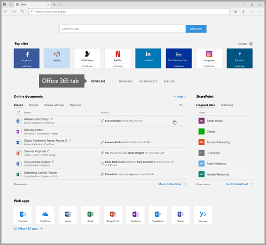 office 365 tab in edge