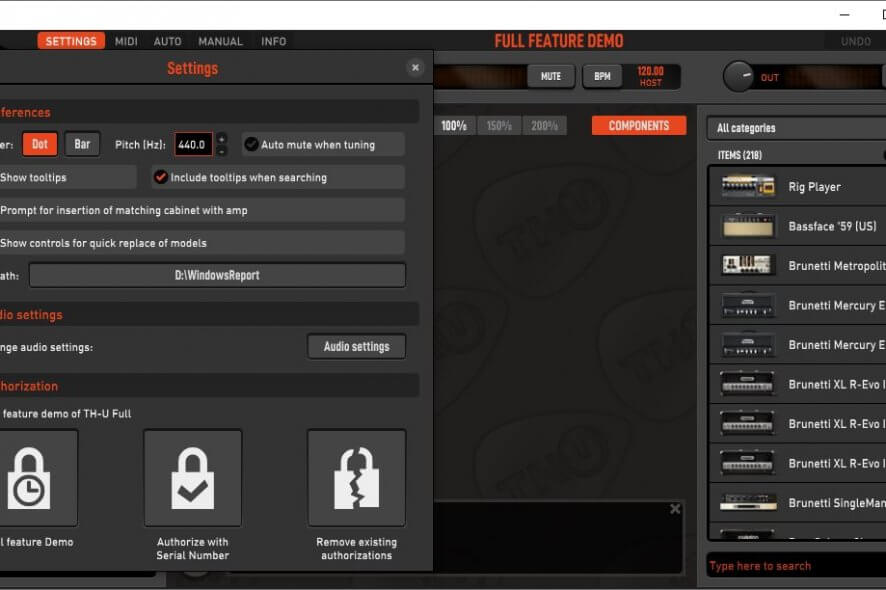 Overloud TH-U settings section