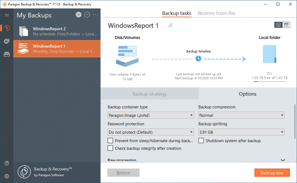 Paragon Backup and Recovery backup options