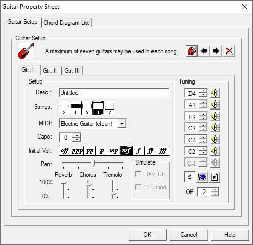 The guitar settings of Power Tab Editor