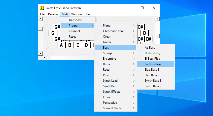 Sweet Little Piano program menu