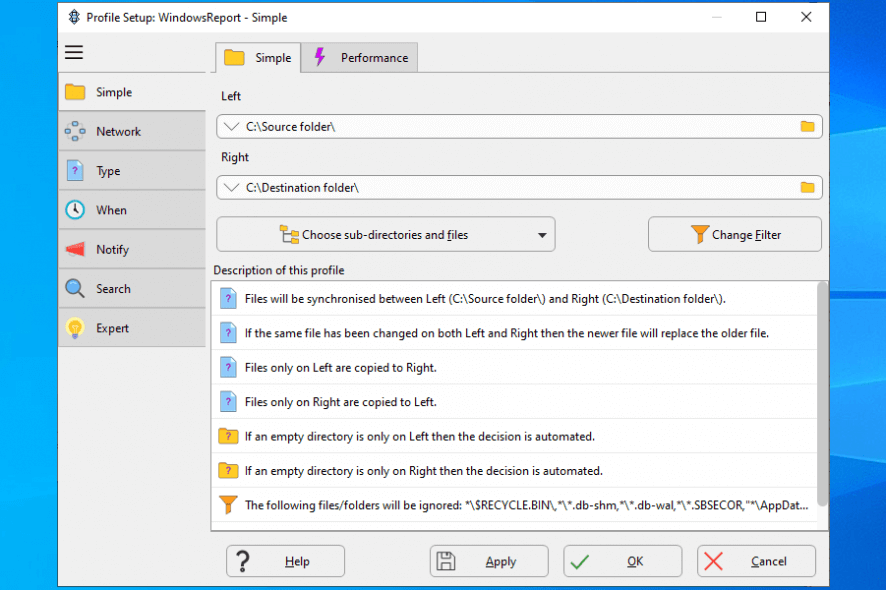 SyncBack profile setup
