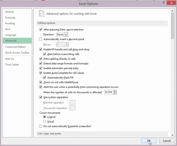 The zoom on roll with IntelliMouse option excel file will not scroll down