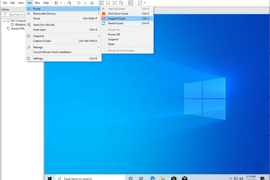 VMware Workstation power options