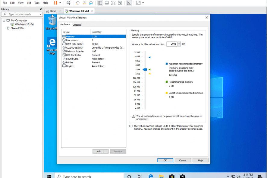 Settings vmware operating system not found