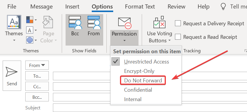 prevent forwarding in outlook permission