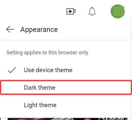 select the dark theme for youtube from the list