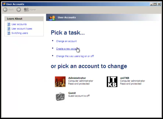 windows xp create new account