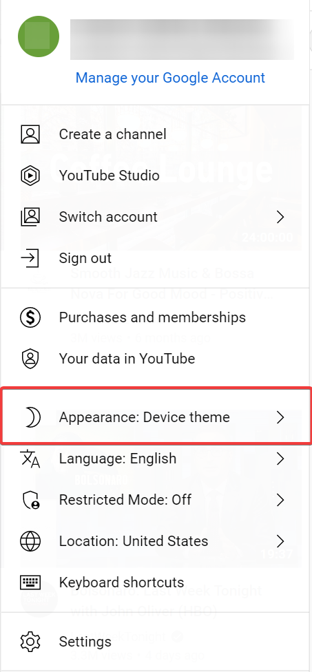 youtube appearance settings