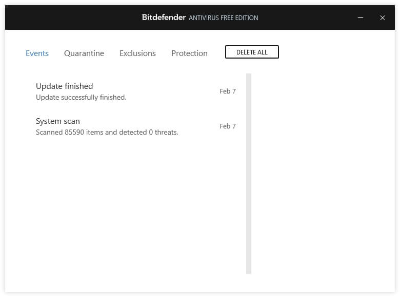 Events Bitdefender Antivirus Free Edition