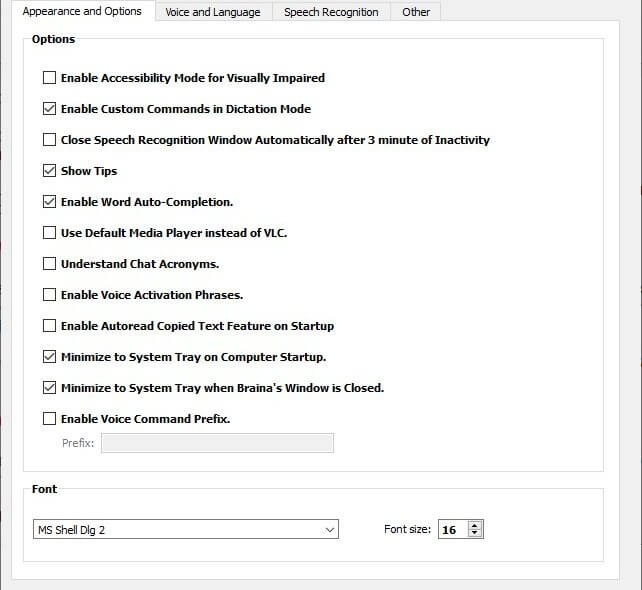 Appearance settings Braina
