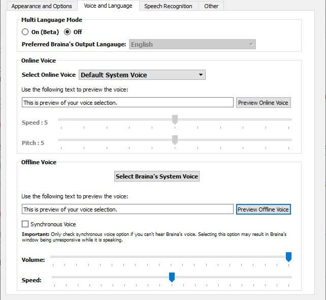 Voice settings Braina