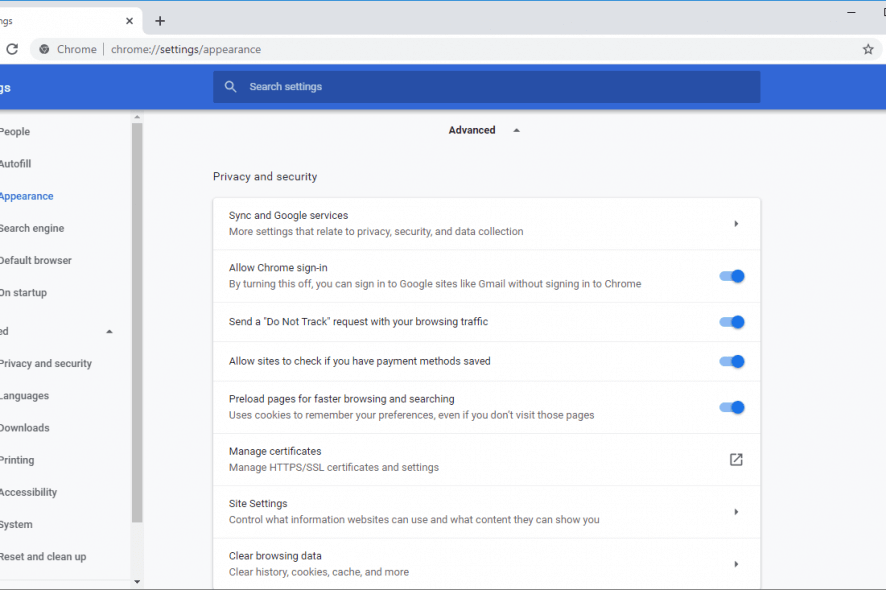 Google Chrome settings