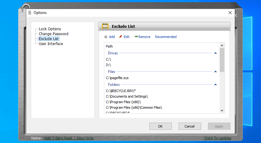 Protected Folder exclude list