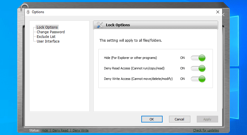 Protected Folder lock options