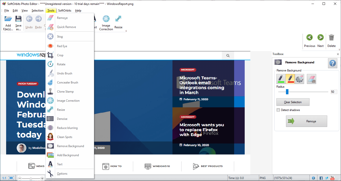 SoftOrbits Photo Editor tools menu