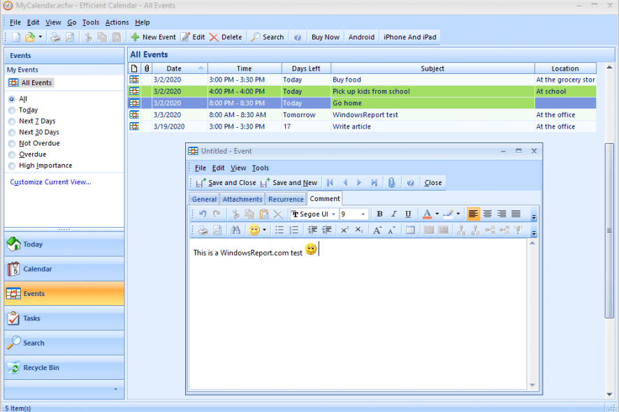 Efficient Calendar events