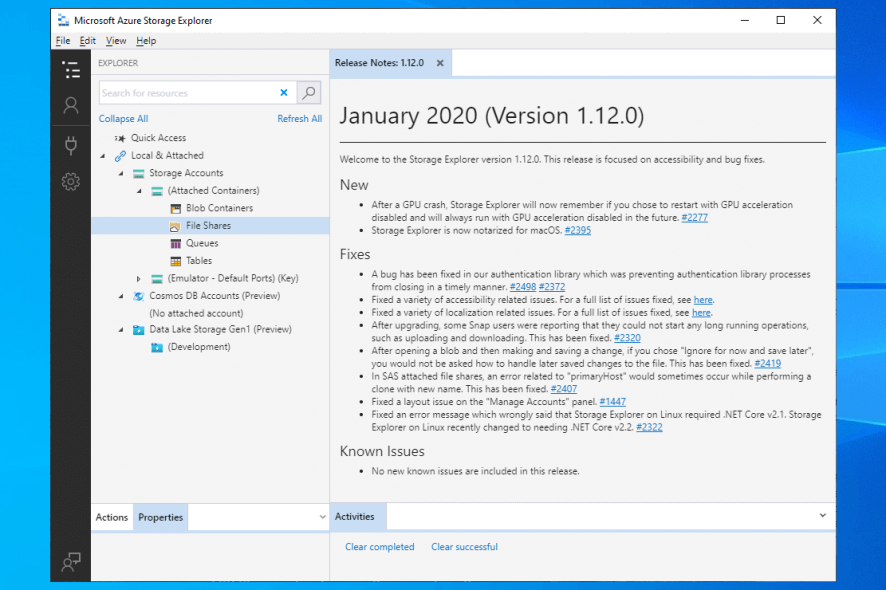 The main window of Microsoft Azure Storage Explorer