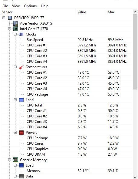Interface of Open Hardware Monitor