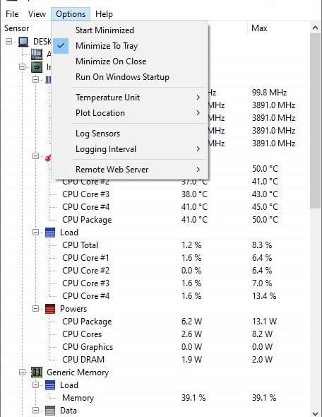 Options for Open Hardware Monitor