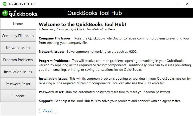 Interface of QuickBooks Tool Hub
