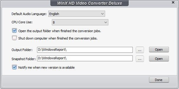 Options WinX HD Video Converter Deluxe