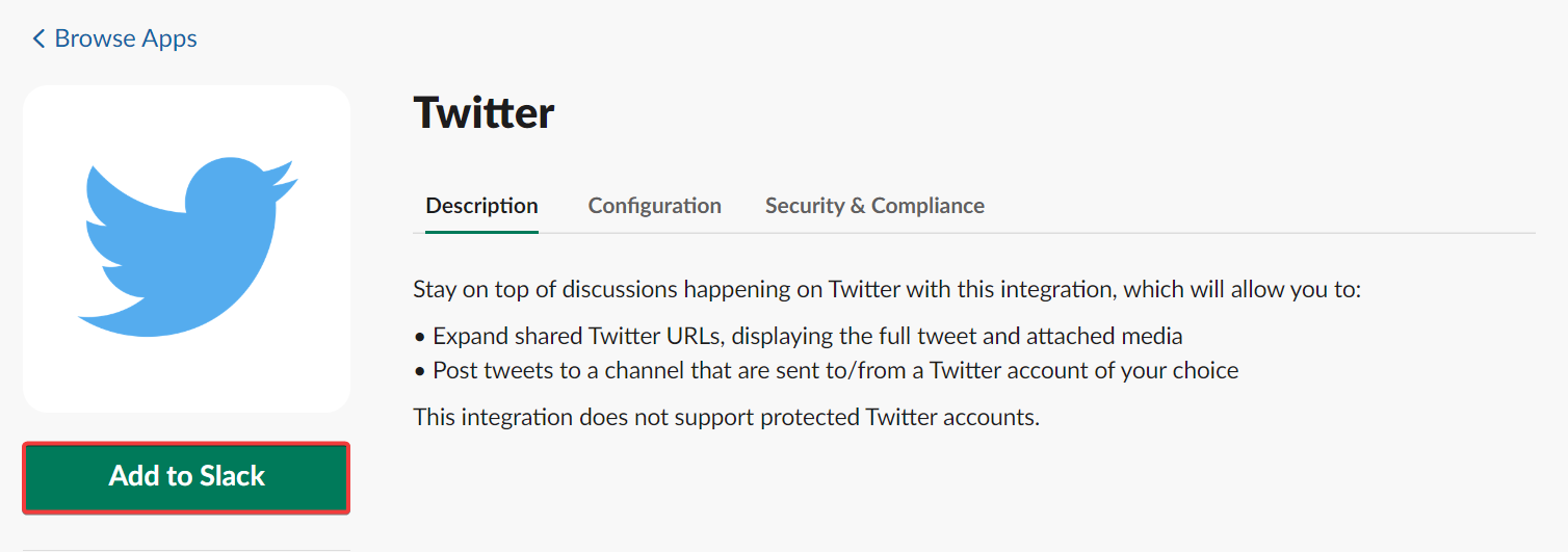 click to add twitter to slack