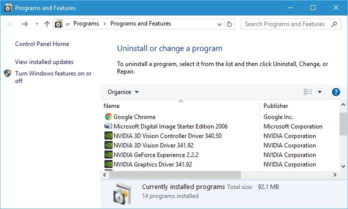programs and features windows