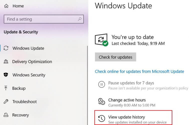 view of update history