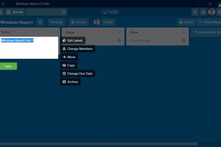 Editing a card in Trello