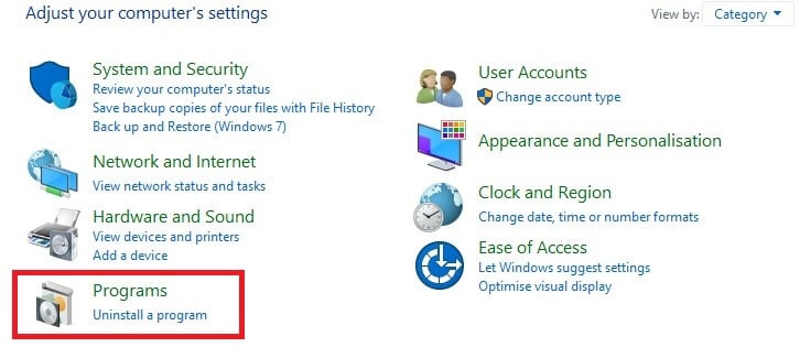 uninstall programs from control panel