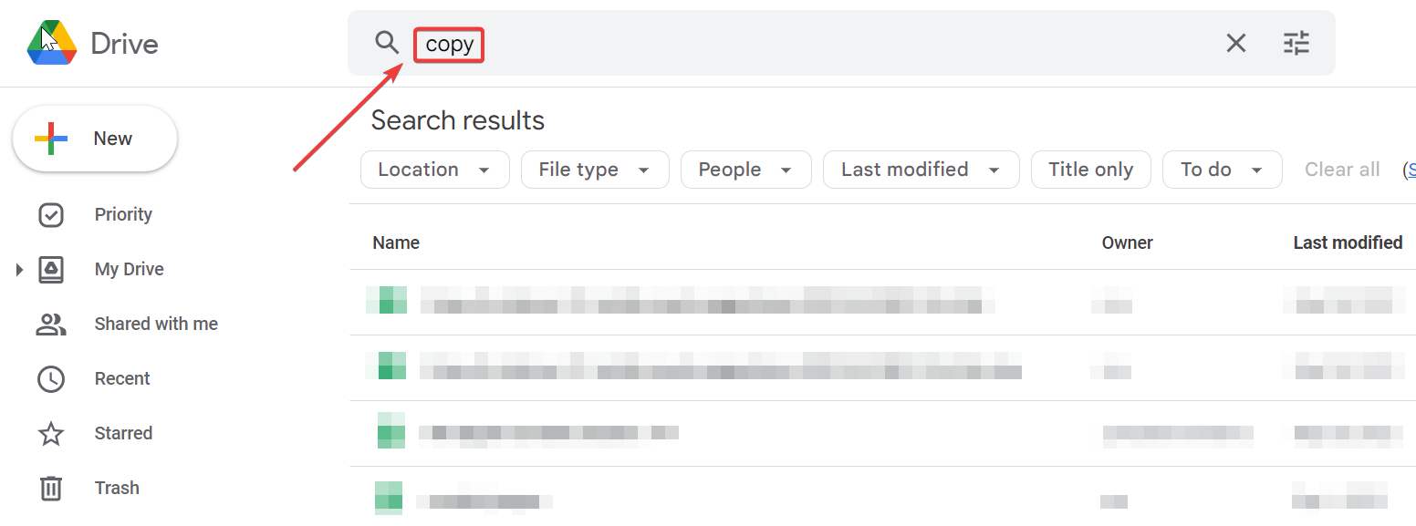 write copy in google drive search bar