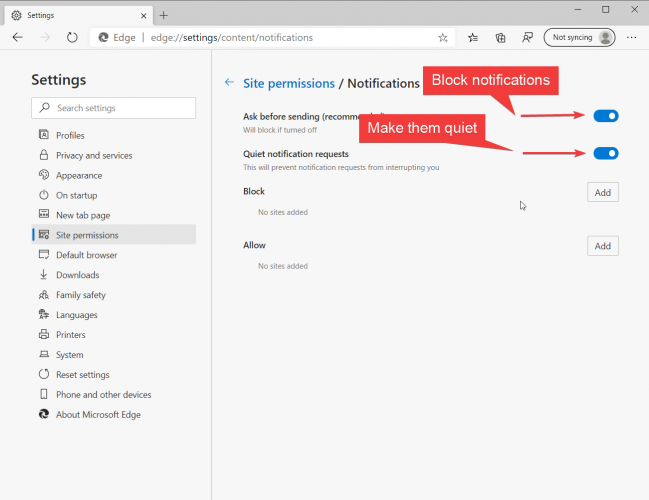 how to block notifications in Microsoft Edge