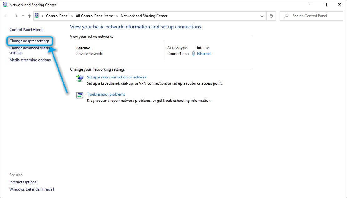 Where to find the Change adapter settings menu