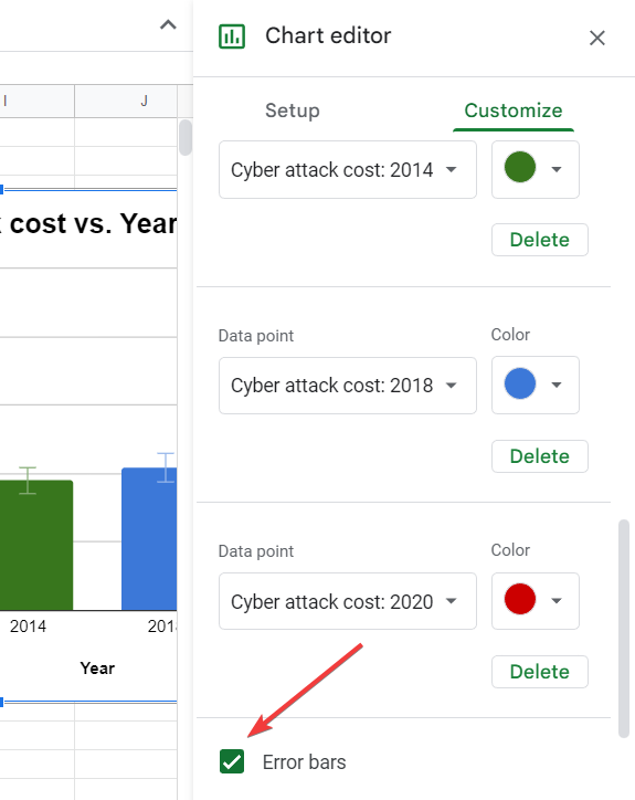 tick the error bars option google sheets