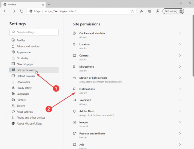 Microsoft Edge site notifications 