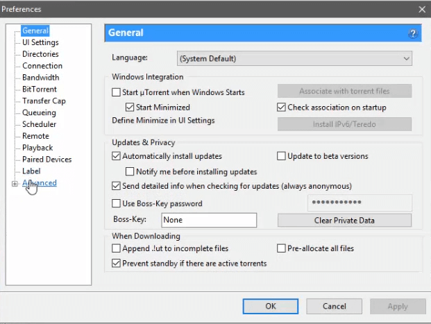 utorrent preferences window