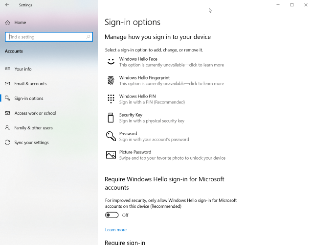 Windows Hello settings