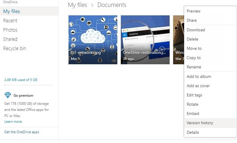 Version history in the context menu
