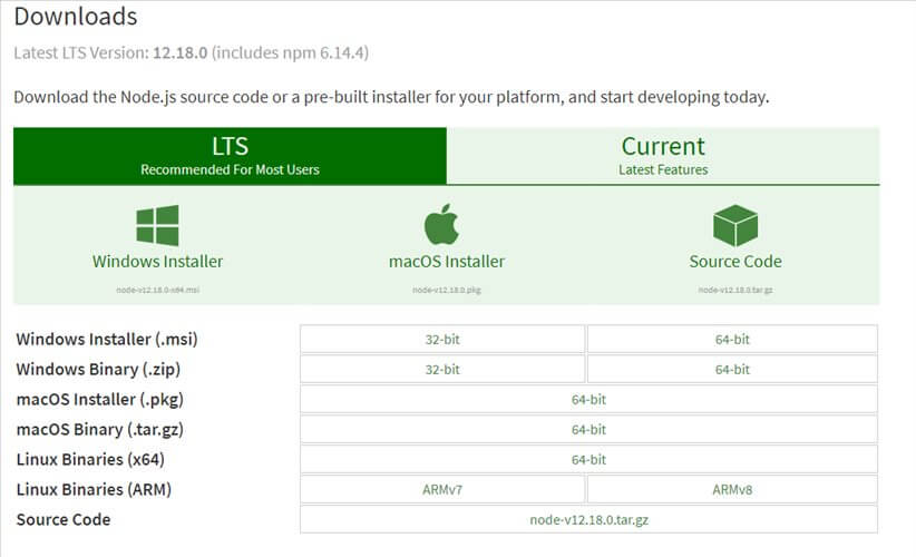 Download page Node.js