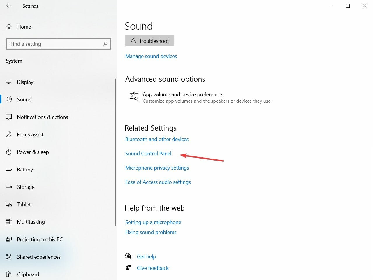 sound settings control panel
