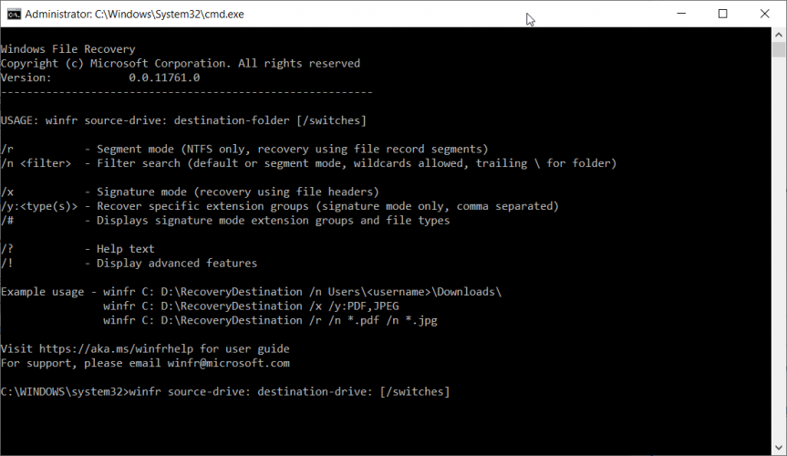 Windows File Recovery syntax