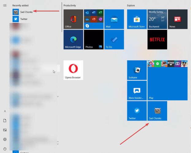 the PWA shows up in start menu