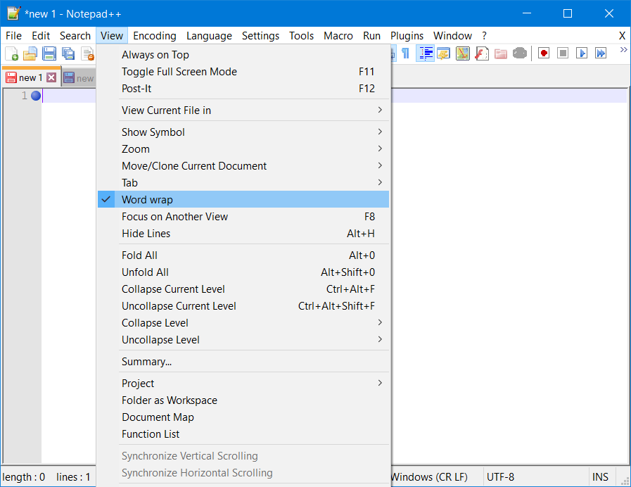 how to wrap text in notepad ++ option