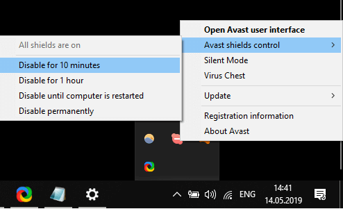 The Disable options for Avast Antivirus blizzard error code 2