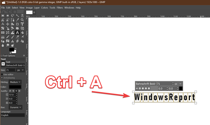 center text in GIMP ctrl a