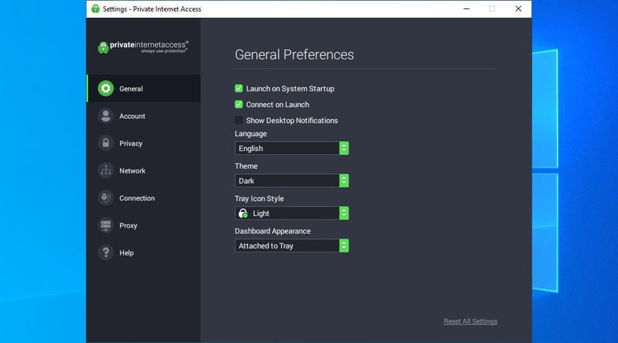 edit PIA general preferences