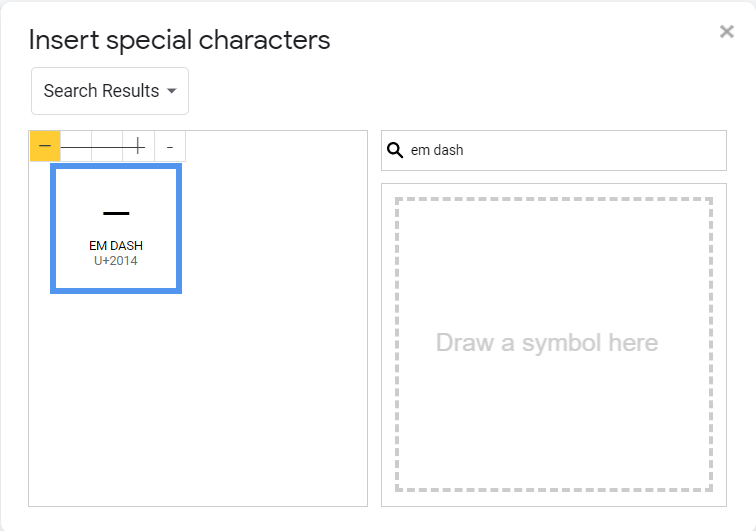 select em dash from the list of options
