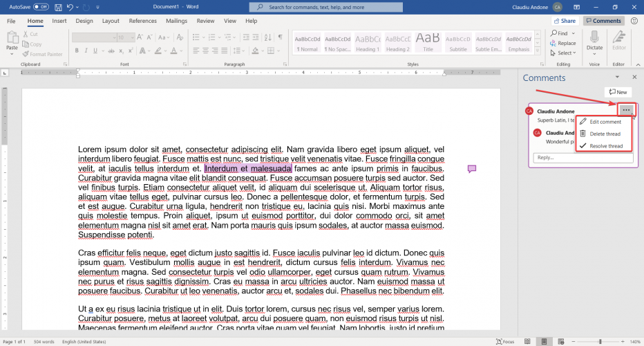 how to solve a comment thread in Microsoft Word