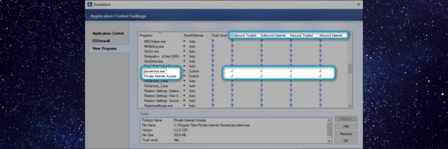 ZoneAlarm allow VPN